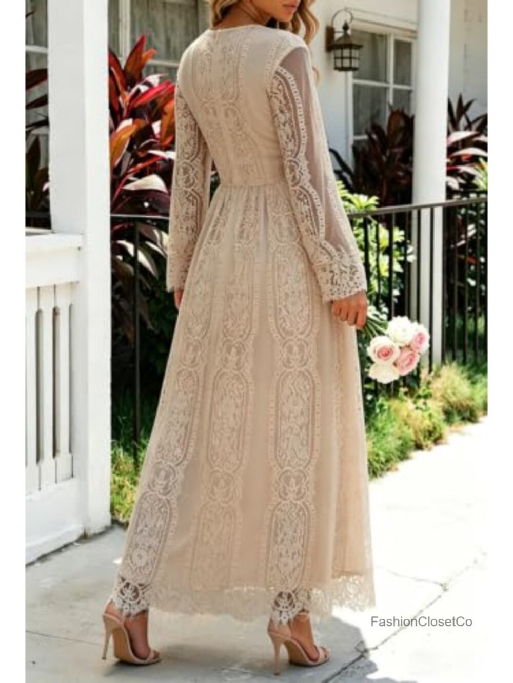 Women Lace Maxi Wedding Dress V-Neck Long Sleeve Formal Evening Gown - Picture 2 of 4